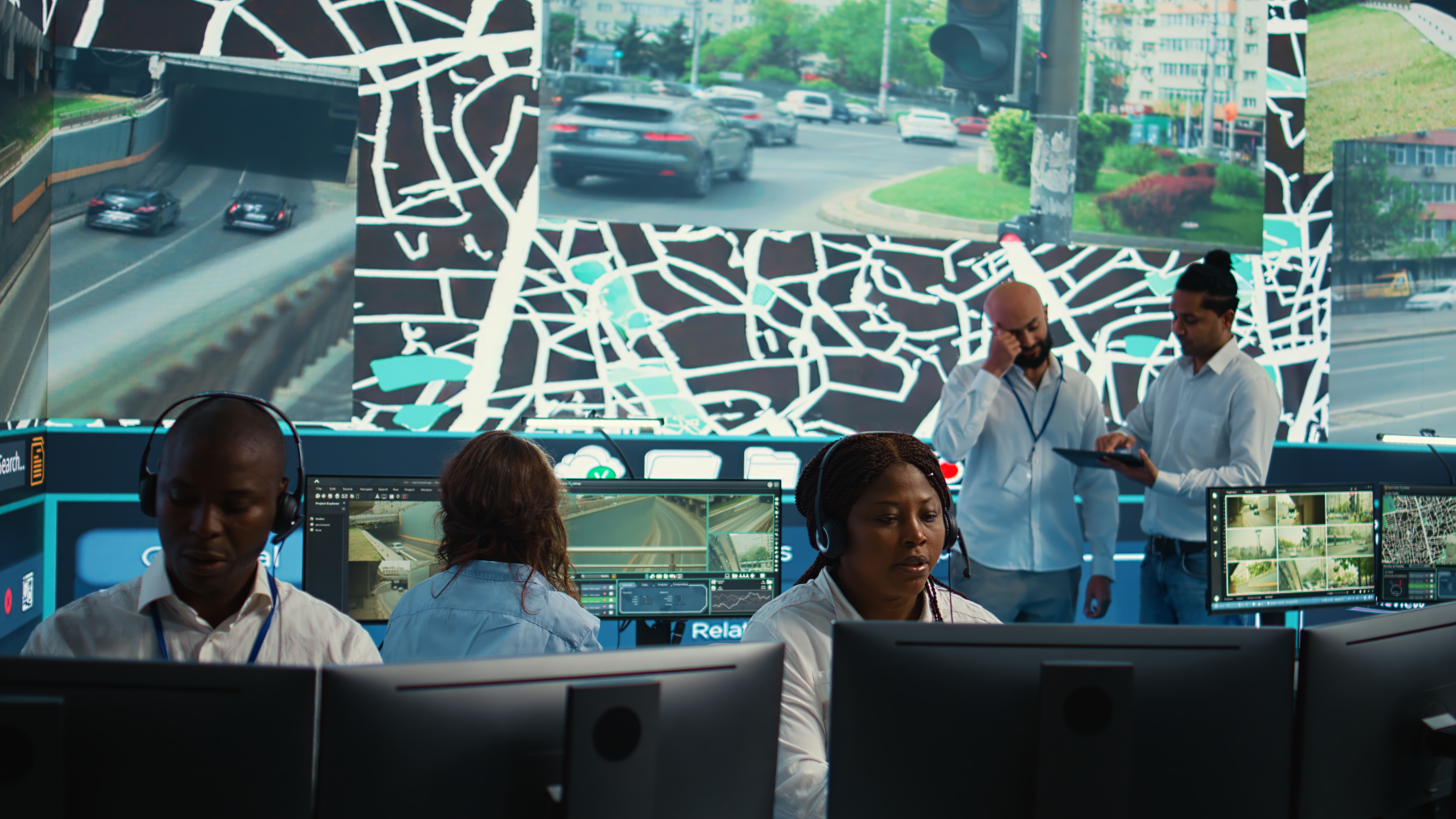 Emergency services communications center with radio equipment and dispatch systems, showcasing municipal and public safety technology infrastructure
